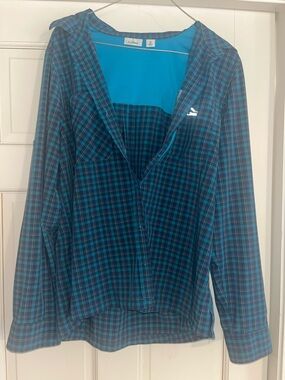 L.L. Bean Teal and Navy Plaid Vented Button up Shirt